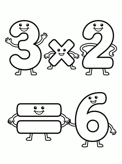 Desenho de Multiplicação 3 × 2 = 6 para colorir
