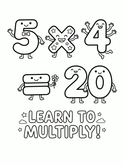 Desenho de Multiplicação 5 × 4 = 20 para colorir