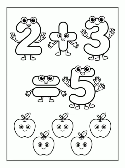 Desenho de Soma 2 + 3 = 5 para colorir
