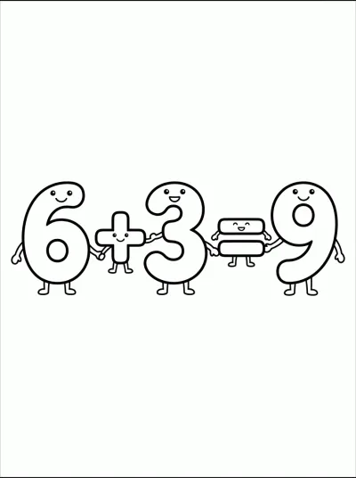 Desenho de Soma 6 + 3 = 9 para colorir