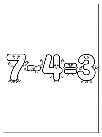 Desenho de Subtração 7 - 4 = 3 para colorir