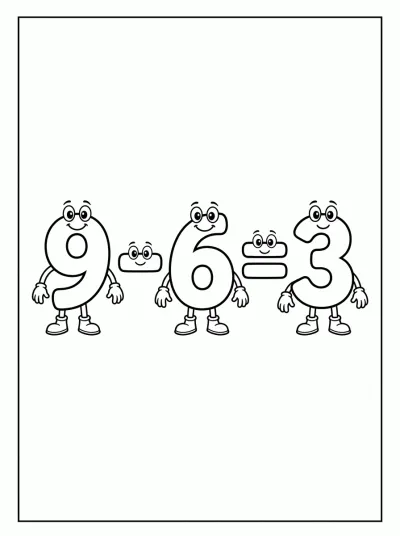Desenho de Subtração 9 - 6 = 3 para colorir