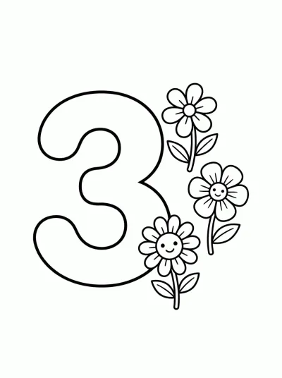 Desenho de Número 3 com Flores para colorir