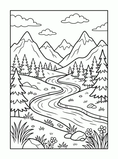 Desenho de Montanhas e Rio para colorir
