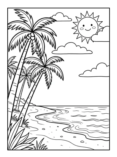 Desenho de Praia com Coqueiros para colorir
