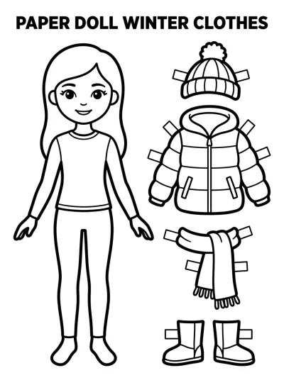 Desenho de Boneca de Papel com Roupas de Inverno para colorir