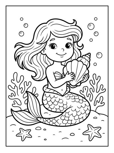 Desenho de Sereia com Concha para colorir