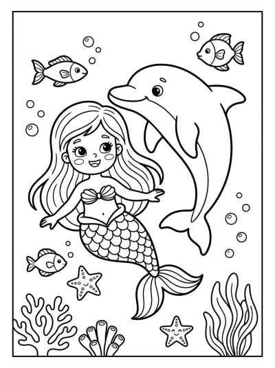 Desenho de Sereia com Golfinho para colorir