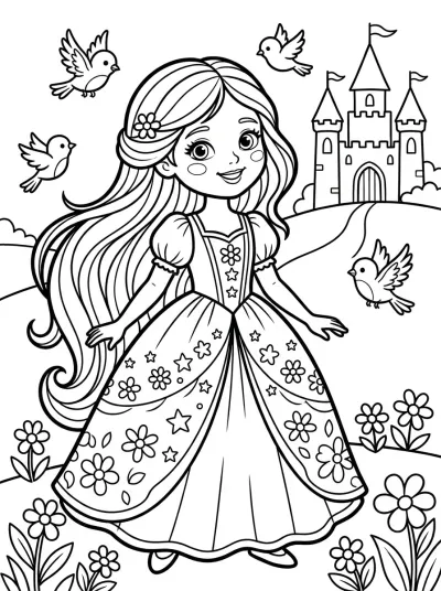 Desenho de Rapunzel com Passarinhos para colorir