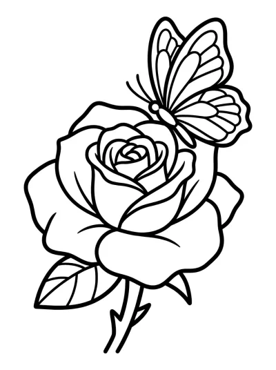 Desenho de Rosa com Borboleta para colorir