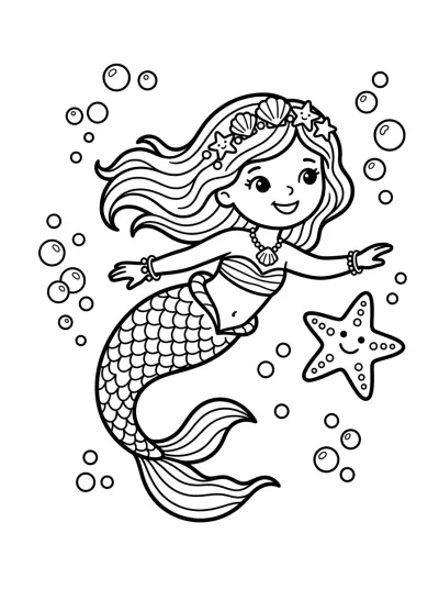 Desenho de Sereia com Estrela-do-Mar para colorir
