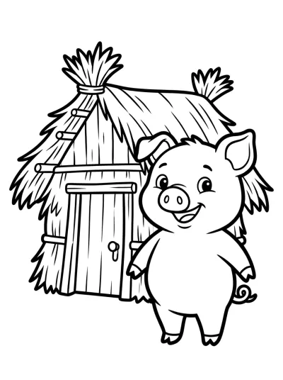 Desenho de Porquinho na Casa de Palha para colorir