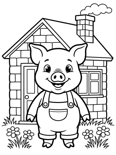 Desenho de Porquinho na Casa de Tijolos para colorir