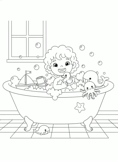 banheira com uma menina tomando banho e vários brinquedos juntos